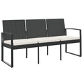 vidaXL 3-Seater Patio Bench with Cushions - Black Polypropylene Rattan, Powder-Coated Steel Frame, Armrests, Backrest, Comfortable Seating for Three