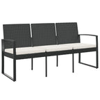 vidaXL 3-Seater Patio Bench with Cushions - Black Polypropylene Rattan, Powder-Coated Steel Frame, Armrests, Backrest, Comfortable Seating for Three