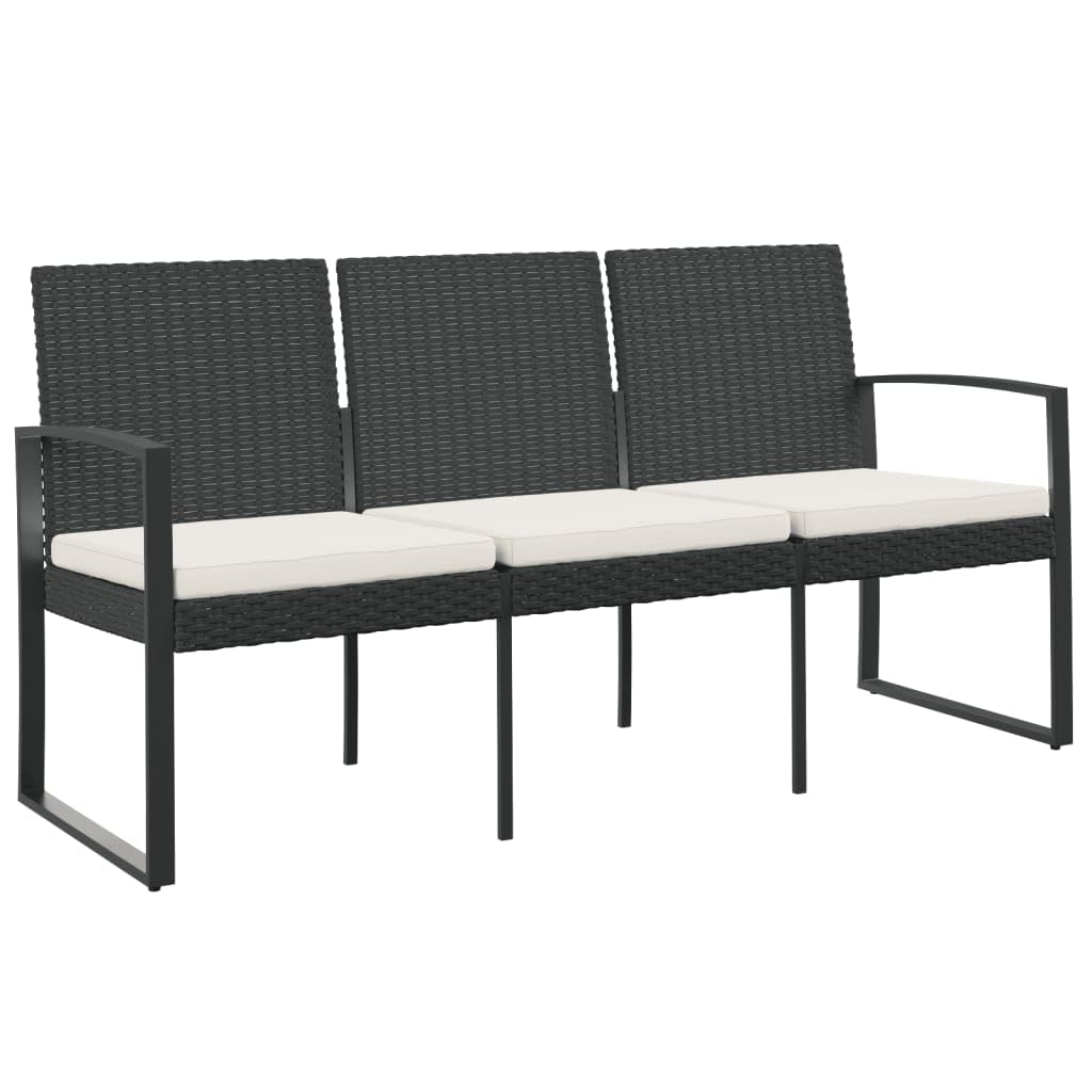 vidaXL 3-Seater Patio Bench with Cushions - Black Polypropylene Rattan, Powder-Coated Steel Frame, Armrests, Backrest, Comfortable Seating for Three