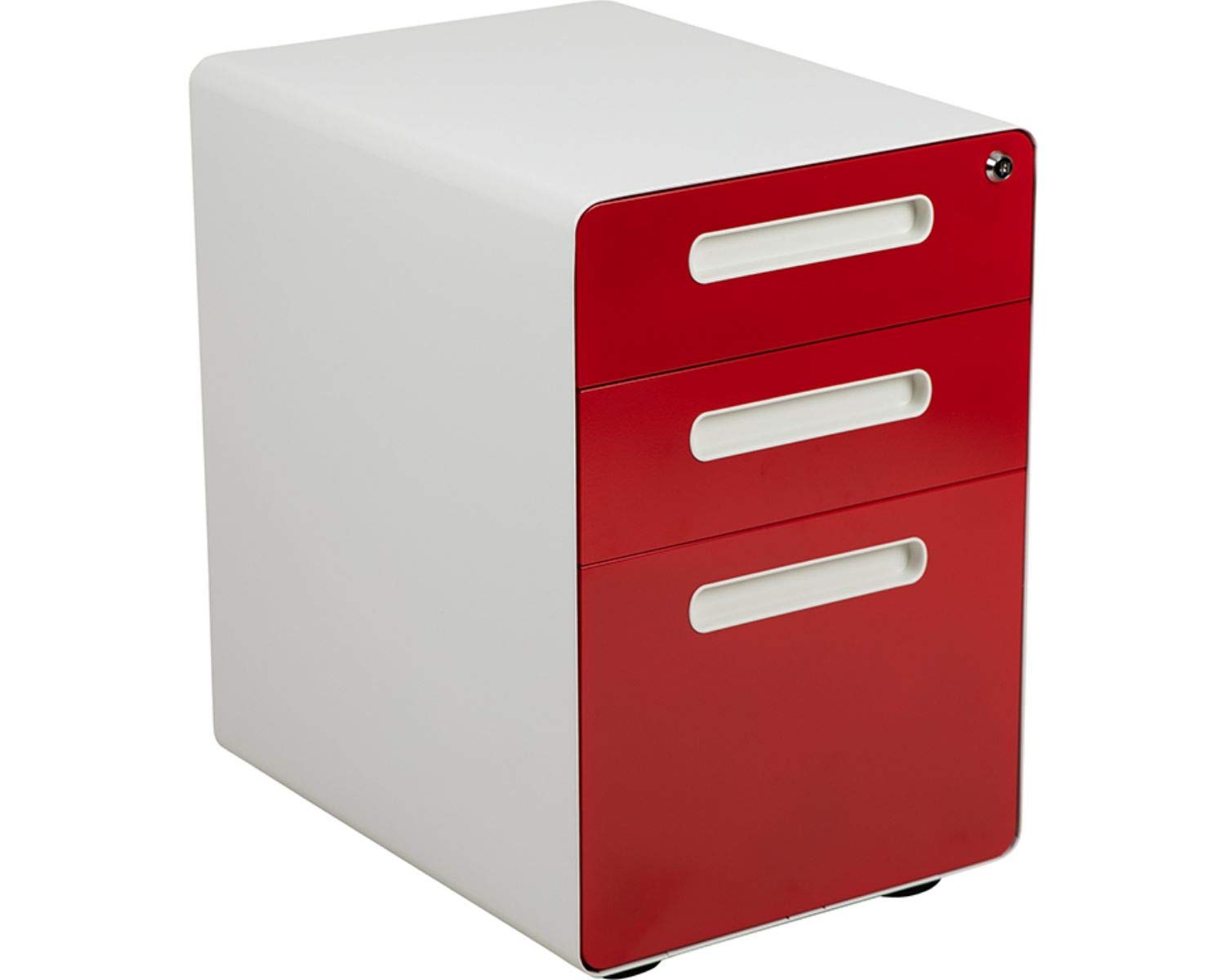 Flash Furniture Wren Ergonomic 3-Drawer Mobile Locking Filing Cabinet With Anti-Tilt Mechanism & Letter/Legal Drawer, White With Red Faceplate