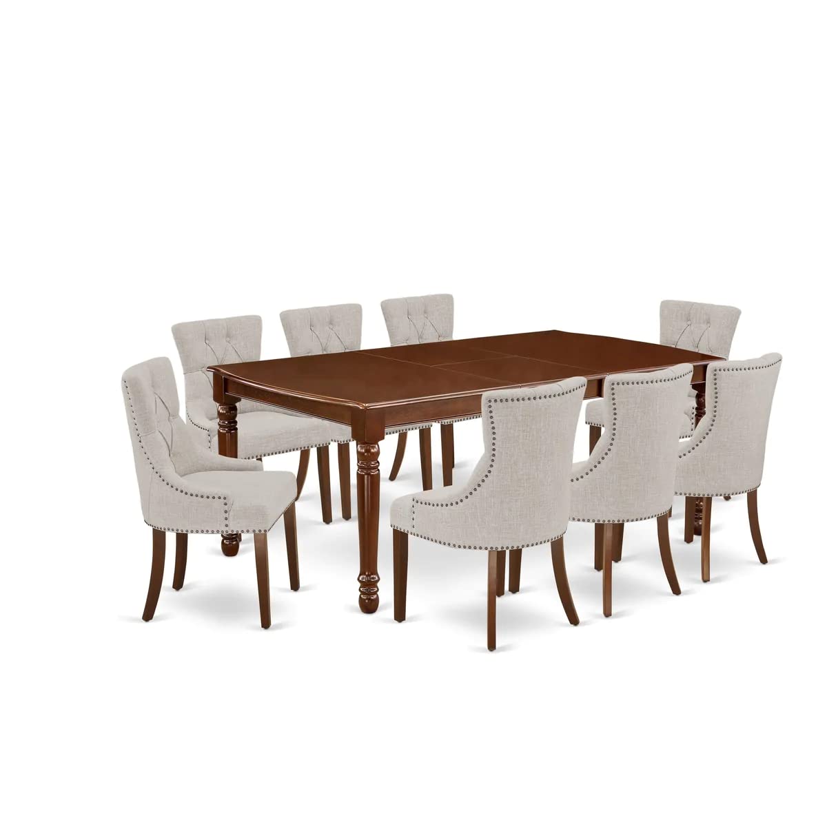 East West Furniture Dofr9-Mah-05 9 Piece Dining Room Table Set Includes A Rectangle Kitchen Table With Butterfly Leaf And 8 Doeskin Linen Fabric Parson Dining Chairs, 42X78 Inch, Mahogany