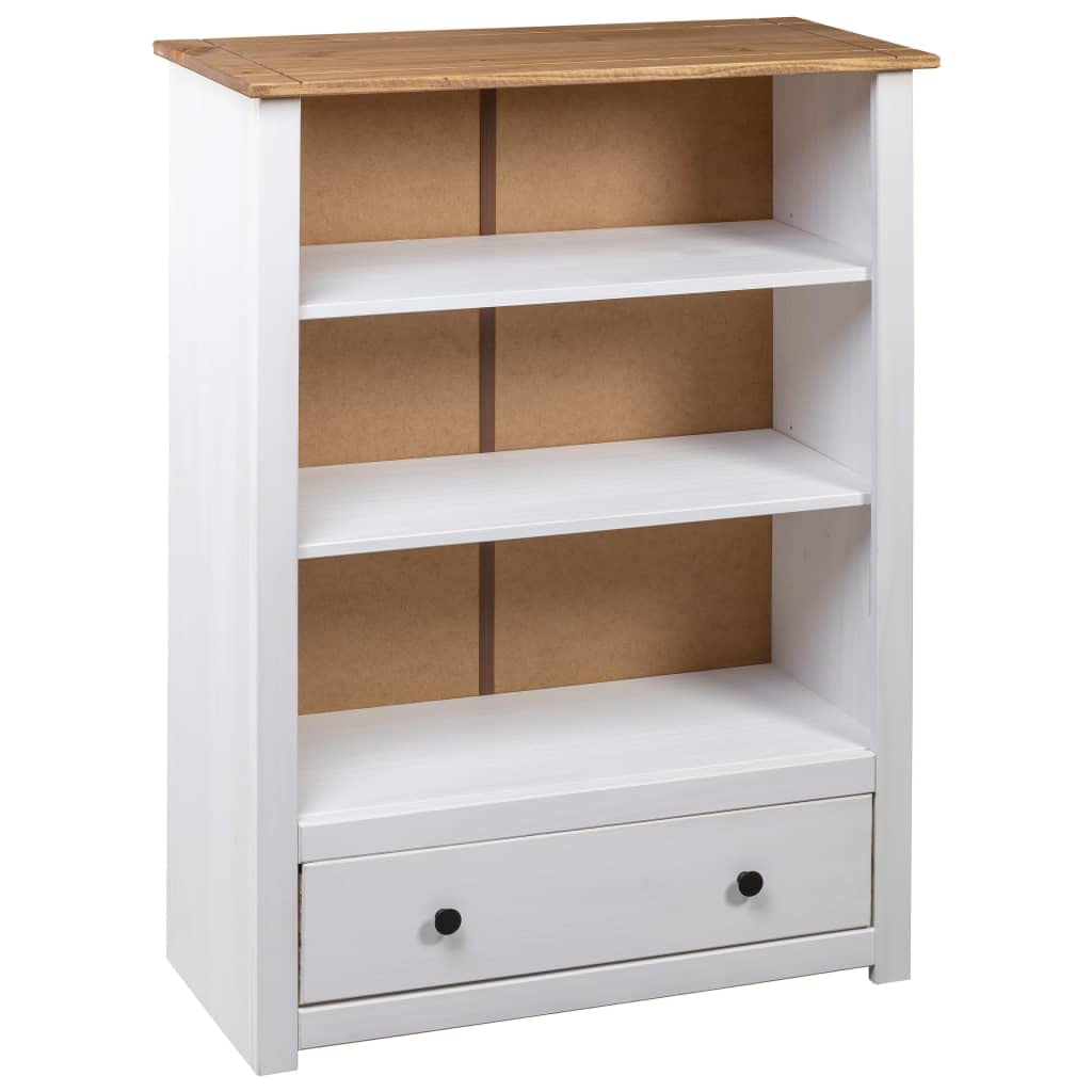 vidaXL Solid Pine Wood Bookcase with 3 Shelves and Spacious Drawer - Farmhouse Style, Rustic White Panama Range
