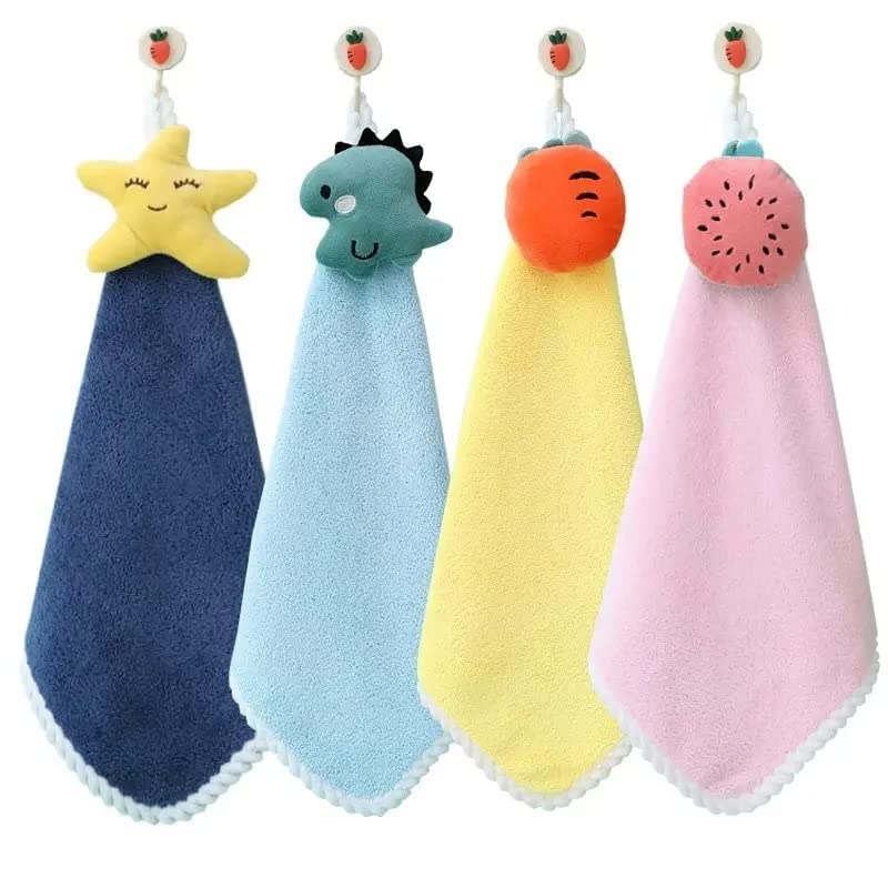 HomeCloud Cute Kids Hand Towels With Hanging Loop for Toddlers  Microfiber for Bathroom, Kitchen, Home (4 Pcs), Multi