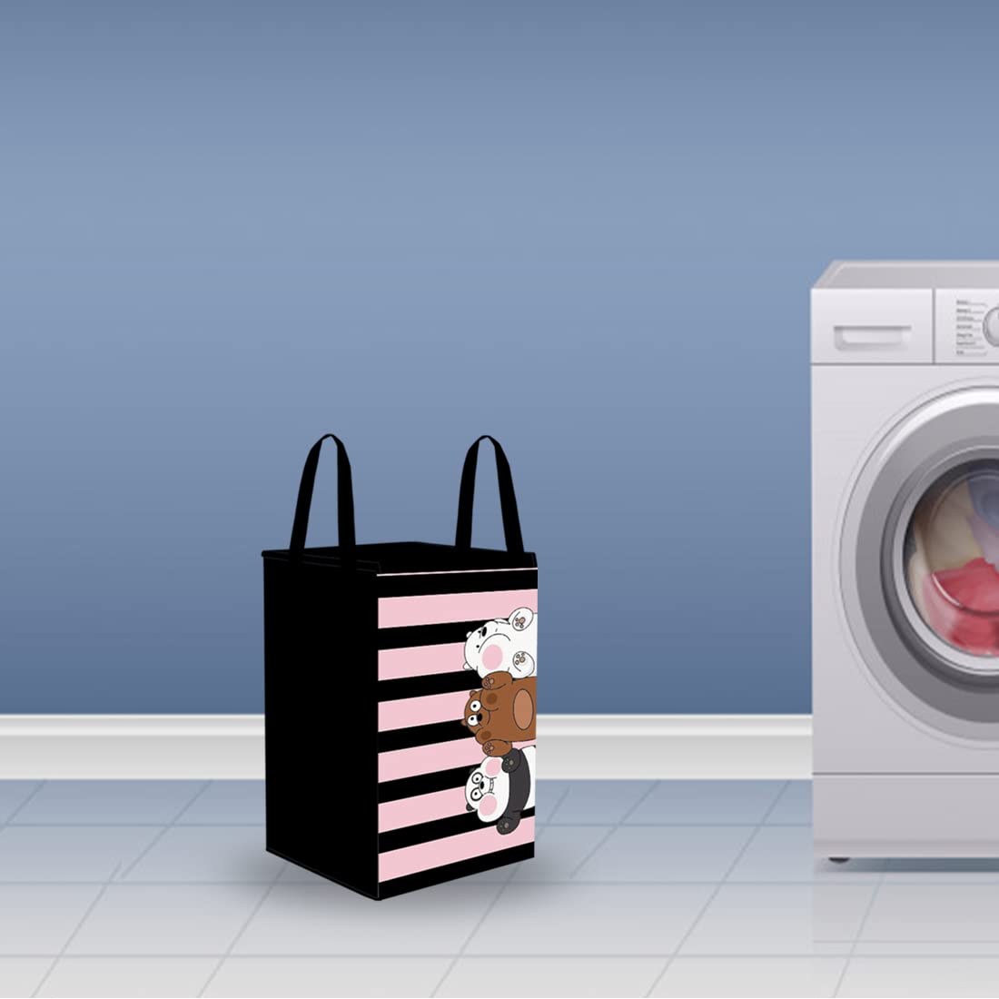 PrettyKrafts 35 L Non Woven Panda Printed Rectangular Foldable Large Laundry Bag/Basket With Lid & Handles, Freestanding Clothes