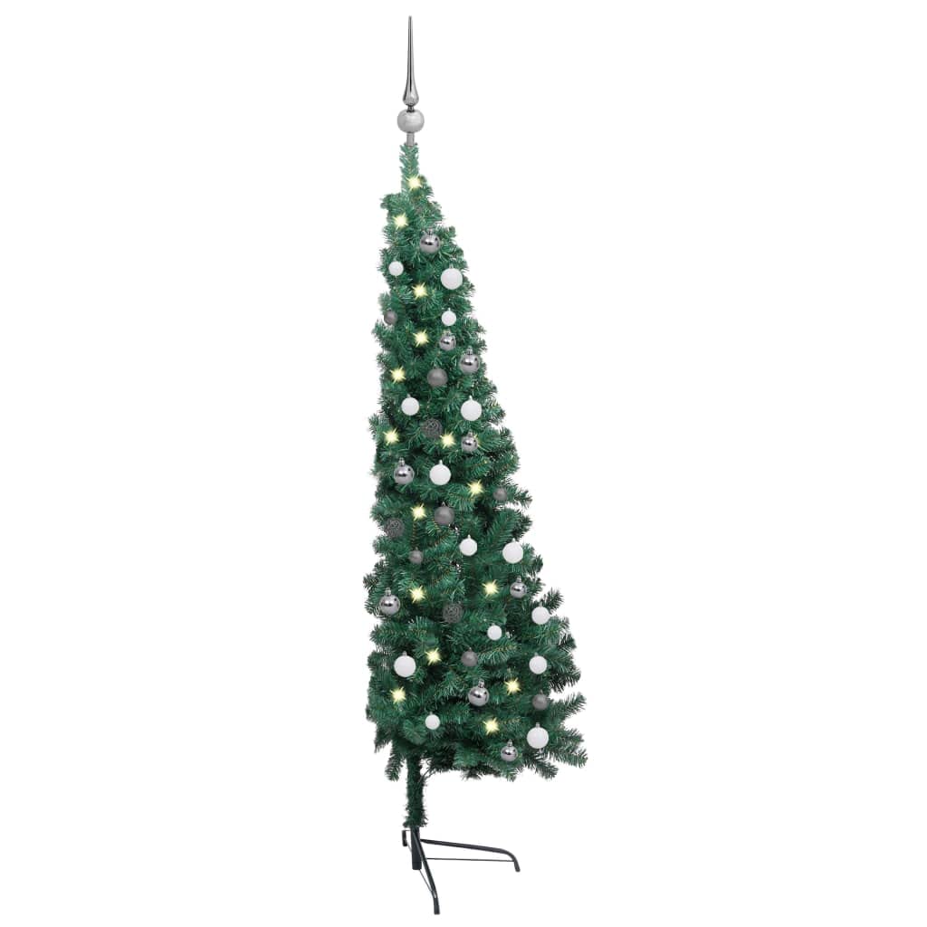 Vidaxl Artificial Half Christmas Tree With Leds & Ball Set - 59.1&quot; - Green Pvc Material, Steel Stand - Space-Saving Design, Energy-Efficient Leds - Includes Shiny & Glittery Balls For Festive Decor