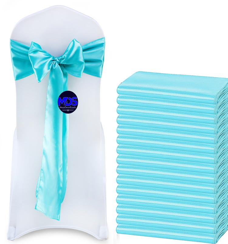 Mds Pack Of 100 Pcs Satin Chair Sashes Charmeuse Sateen Dining Chair Bows Ribbon Ties Back Sash For Wedding Party Birthday Home Hotel Restaurant Banquet Decoration (7 X 108 Inch, Teal)
