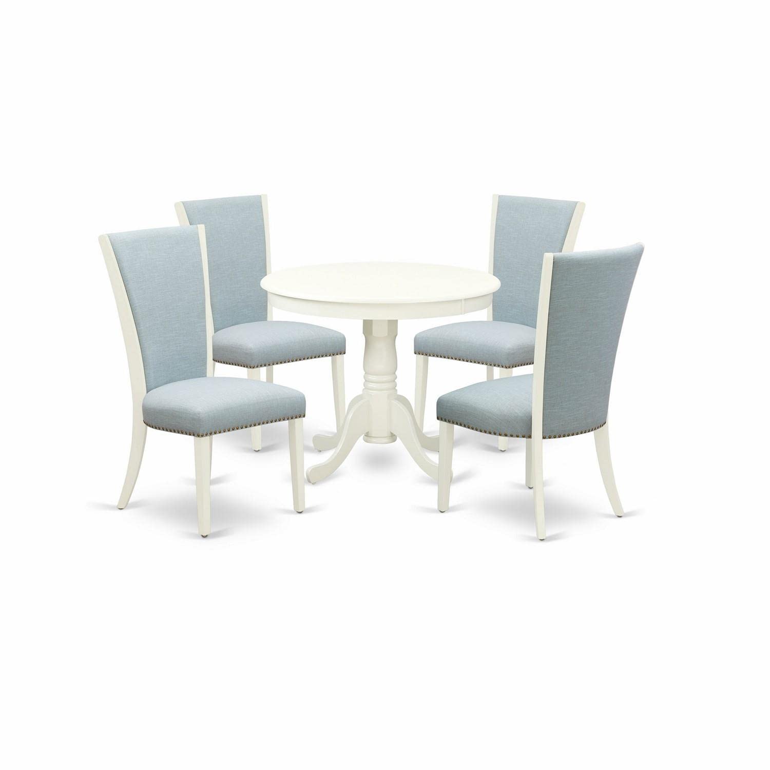 East West Furniture Anve5-Lwh-15 5 Piece Dining Room Furniture Set Includes A Round Kitchen Table With Pedestal And 4 Baby Blue Linen Fabric Parson Dining Chairs, 36X36 Inch, Linen White