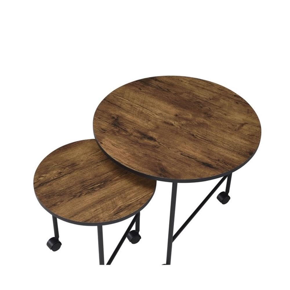 Acme Oblis 2-Piece Round Wooden Top Nesting Tables in Vintage Oak