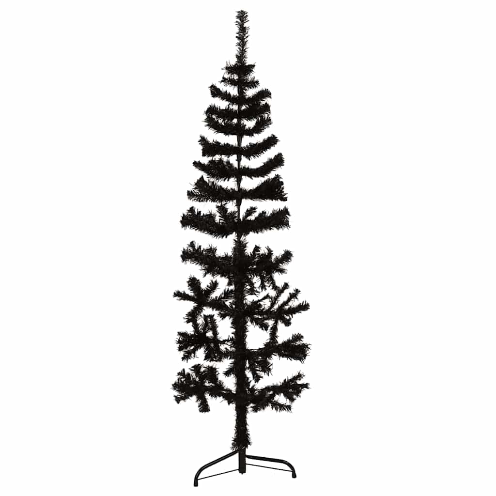 vidaXL Slim Artificial Half Christmas Tree with Stand - 5 ft Black PVC Tree - Realistic Design - Space-Saving - Economical - for Modern Home Holiday Decor