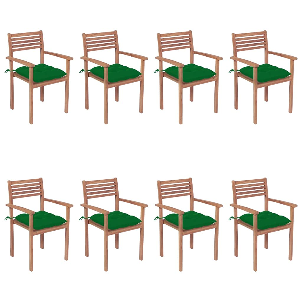 vidaXL Stackable Patio Chairs Set of 8 - Solid Teak Wood with Comfortable Green Cushions - Versatile Design for Homes, Offices, Bars and Cafes- Easy Storage and Weather Resistant