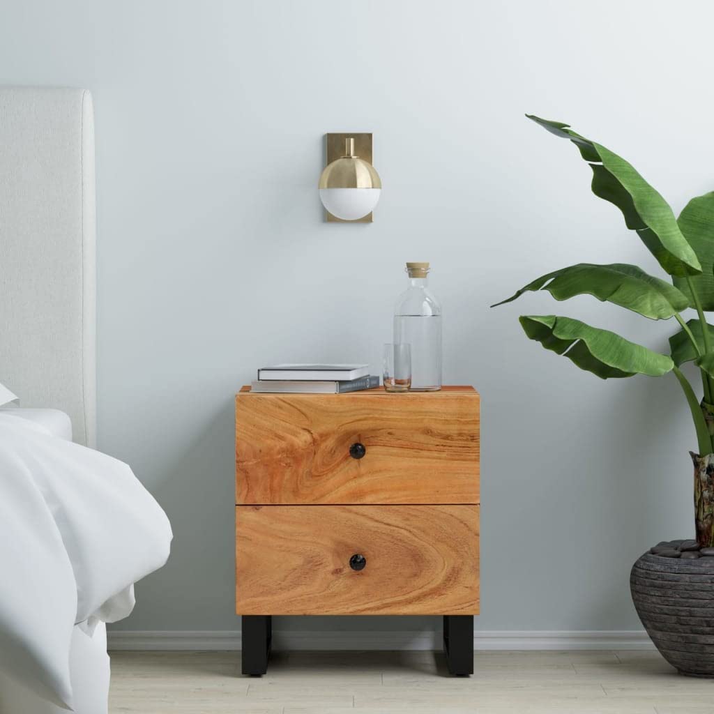 vidaXL Solid Acacia Wood Bedside Cabinet with Black Frame - Industrial Style, Compact Nightstand, Unique Grain Design