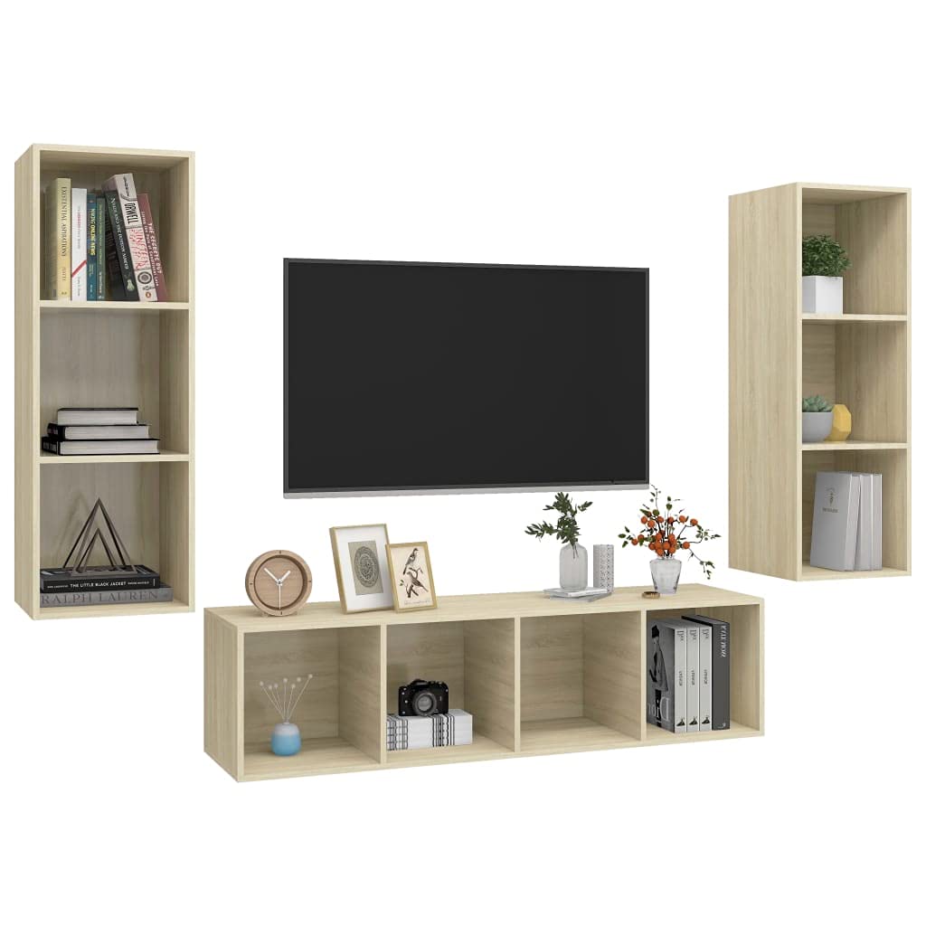 vidaXL TV Stand Set 3 Piece, TV Unit for Living Room, Sideboard with Storage, Entertainment Center, Modern Style, Sonoma Oak Engineered Wood