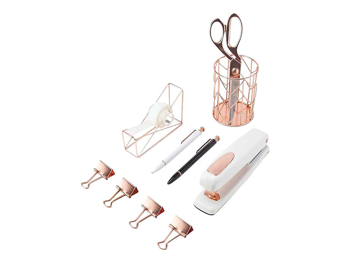 U Brands Desktop Accessory Kit, Office Supplies Set, Wire Metal, Rose Gold, 10-Pieces