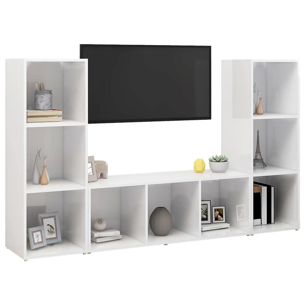 vidaXL 3X TV Cabinets Home Indoor Bedroom Living Room Entertainment Center TV Stand Media Unit Furniture High Gloss White Engineered Wood