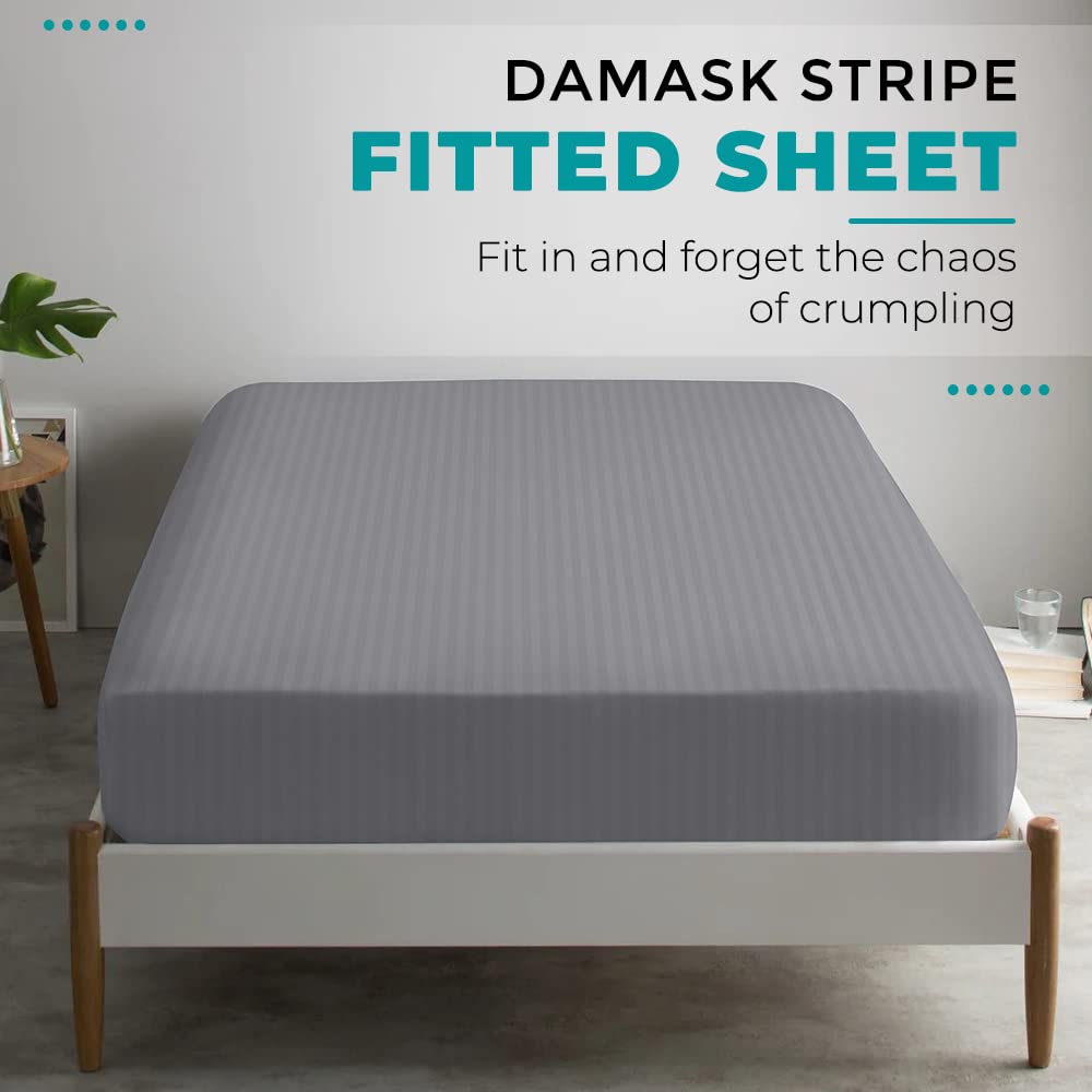 Feather & Stitch 100% Cotton 1 Piece Damask Stripe Full Fitted Sheet 500 Thread Count Grey 18 Inch Extra Deep Pocket Luxury Sateen Weave Stretchable Boxer Elastic Fits Mattress Perfectly