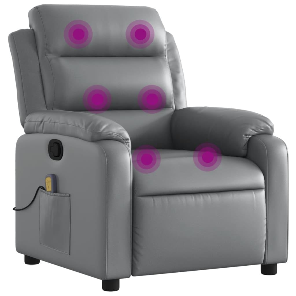 vidaXL Massage Recliner Chair with 6-Point Vibration Massage and Convenient Side Pocket, Grey Leather Rocker, Adjustable Backrest & Footrest Lounge Seat for Living Room, USB Charge Port