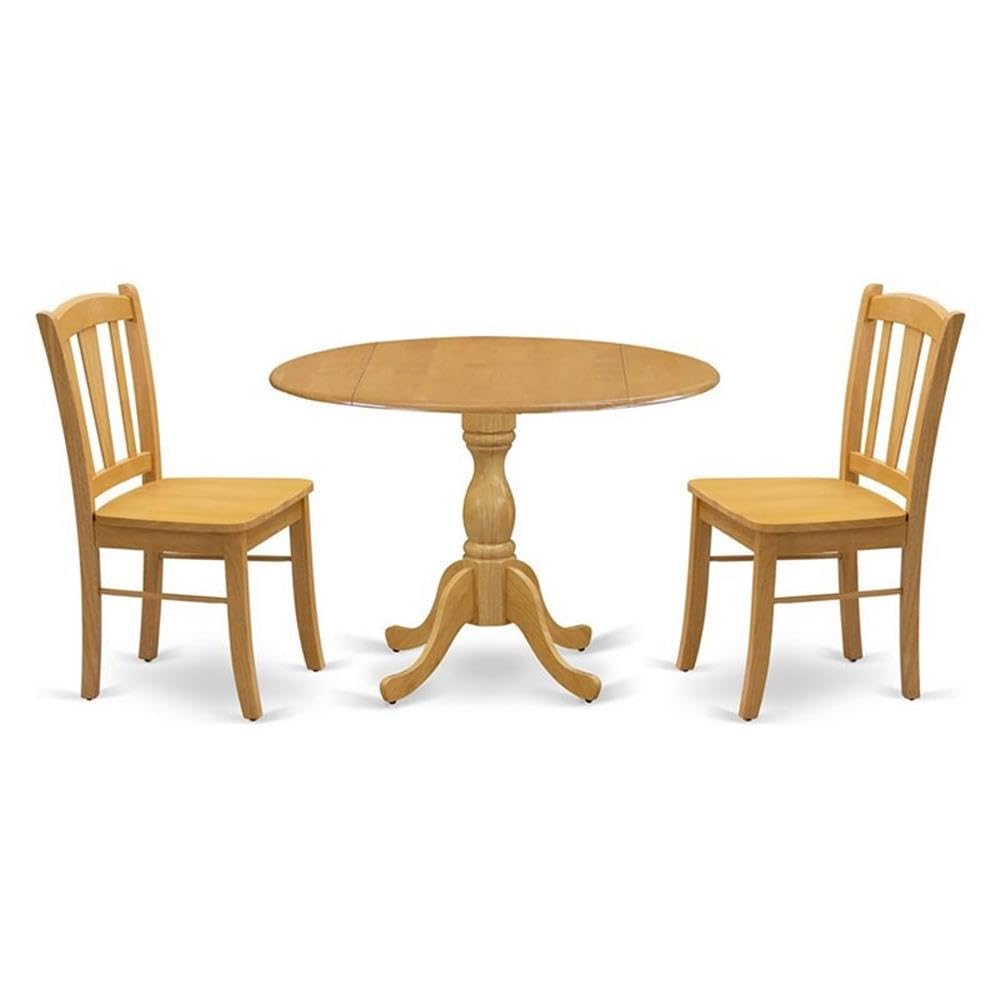 East West Furniture - DMDL3-Oak-W - 3-Piece Dining Room Set- 2 Wood Chair with Wooden Seat and Slatted Chair Back - Dropleafs Round Dining Table - Oak Finish