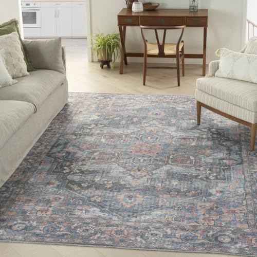 HomeRoots 522461 8 x 10 ft. Blue Floral Power Loom Distressed Washable Rectangle Traditional Area Rug
