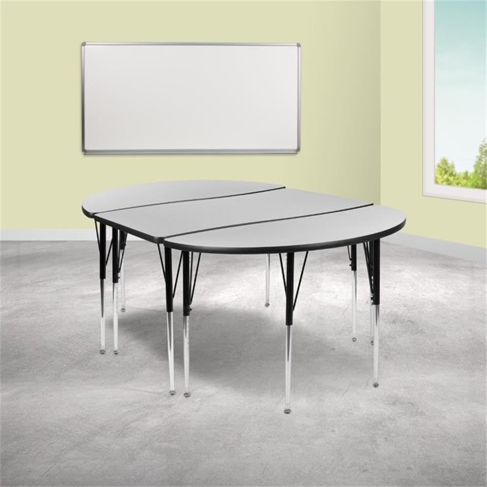 Flash Furniture 3 Piece 76" Oval Wave Collaborative Grey Thermal Laminate Activity Table Set - Standard Height Adjustable Legs