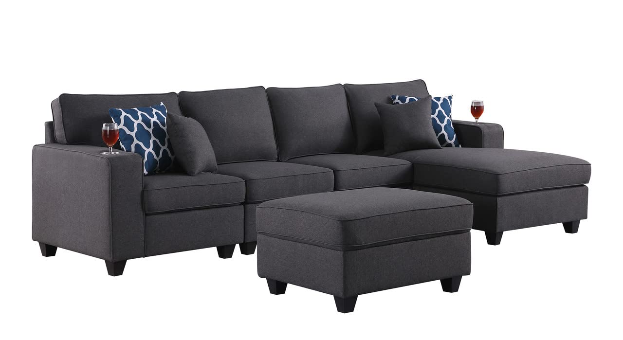 Lilola Home Cooper Dark Gray Linen 5Pc Sectional Sofa Chaise with Ottoman and Cupholder