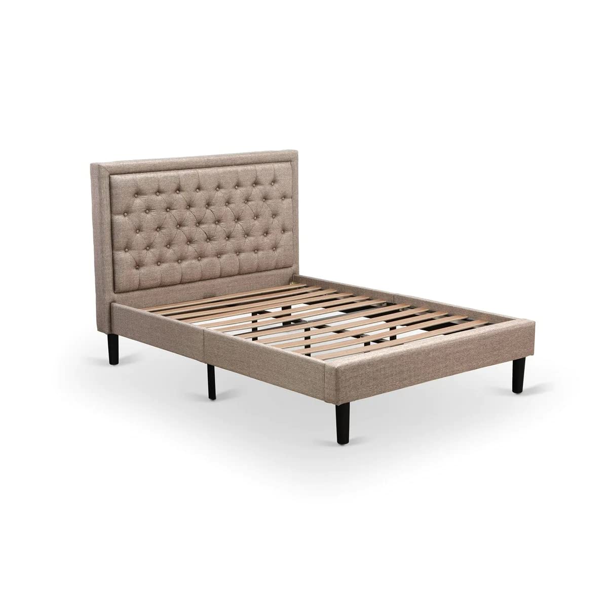 East West Furniture KDF-16-F Platform Full Size Bed - Dark Khaki Linen Fabric Upholstered Bed Headboard with Button Tufted Trim Design - Black Legs