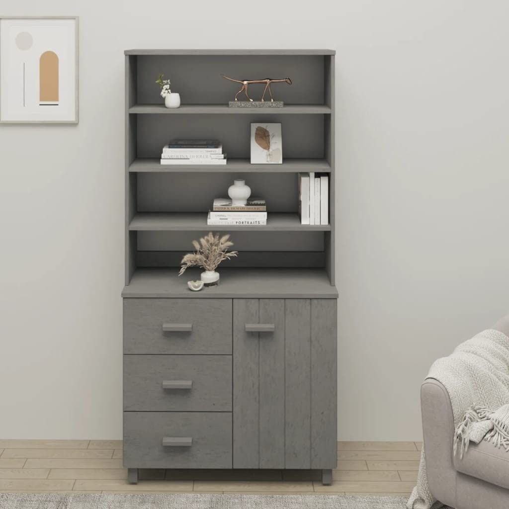 vidaXL Drawer Cabinet Bookshelf Organizer - Solid Pinewood, 3 Drawers, 3 Shelves, Light Gray, 35.4&quot; x 15.7&quot; x 70.9&quot;