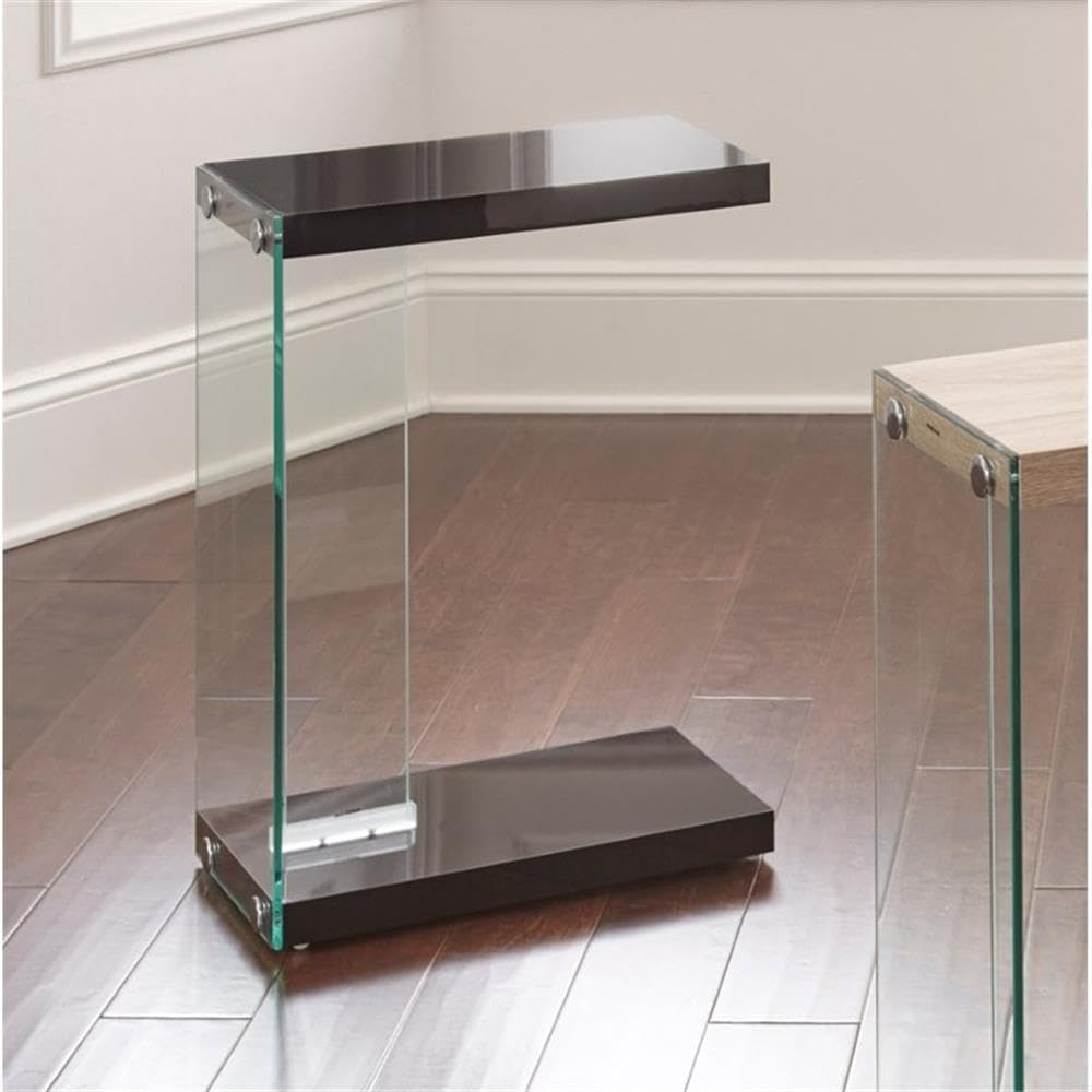 Steve Silver Elaina Chair Side End Table, ??Shaped Table, Living Room, Bedroom, Balcony, and Office, Tempered Glass, Fits Under a Sofa or Chair, Faux Wood, 18.5" Lx10 Wx25 H, Black