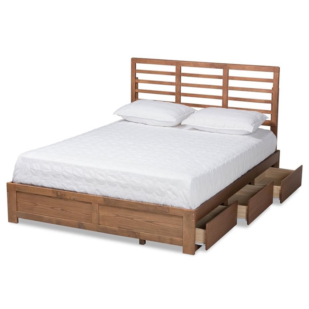 Baxton Studio Piera Modern and Contemporary Transitional Ash Walnut Brown Finished Wood Queen Size 3-Drawer Platform Storage Bed