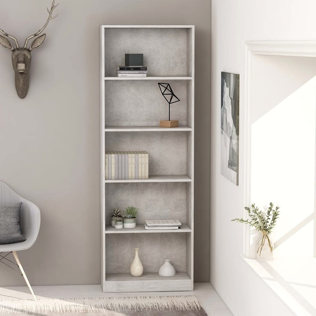 vidaXL 5-Tier Book Cabinet Concrete Gray 23.6&quot;x9.4&quot;x68.9&quot; Chipboard