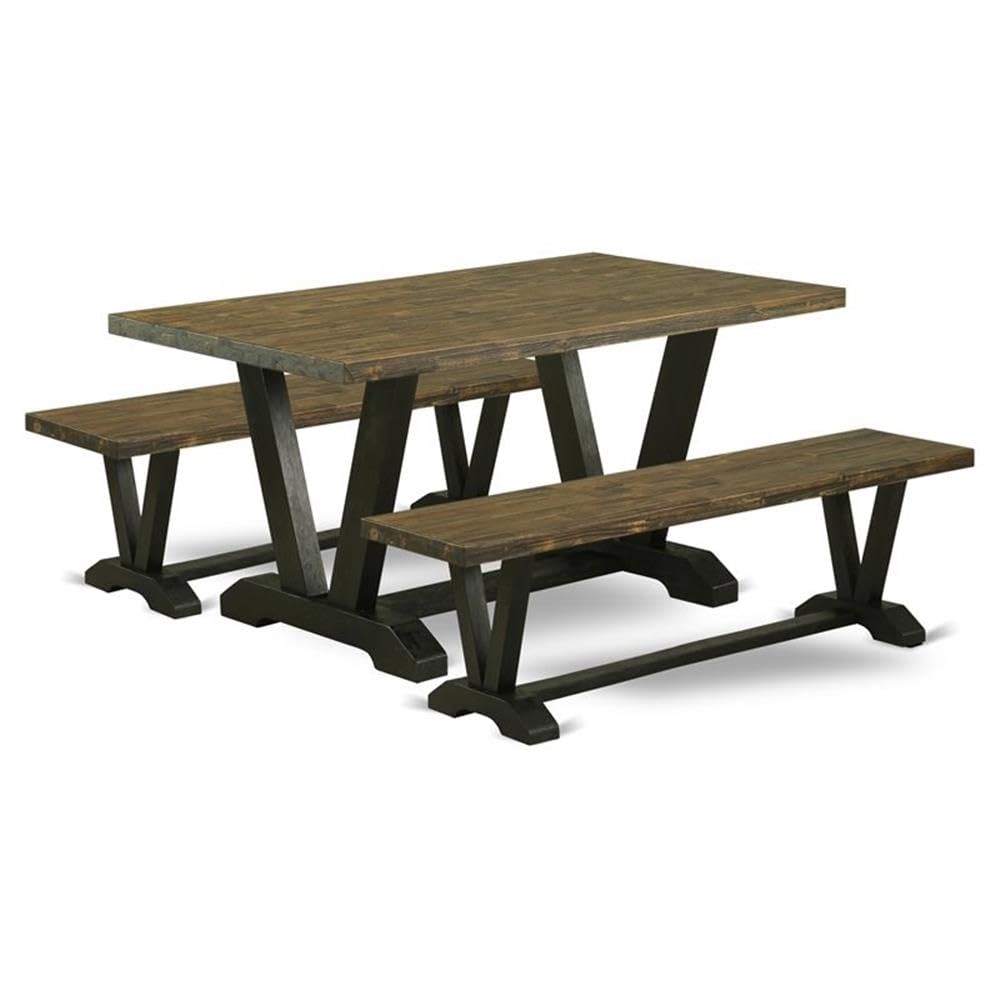 East West Furniture V2-676 3 Piece Dining Table Set for Small Spaces Contains a Rectangle Dining Room Table with V-Legs and 2 Dining Bench, 36x60 Inch, Multi-Color