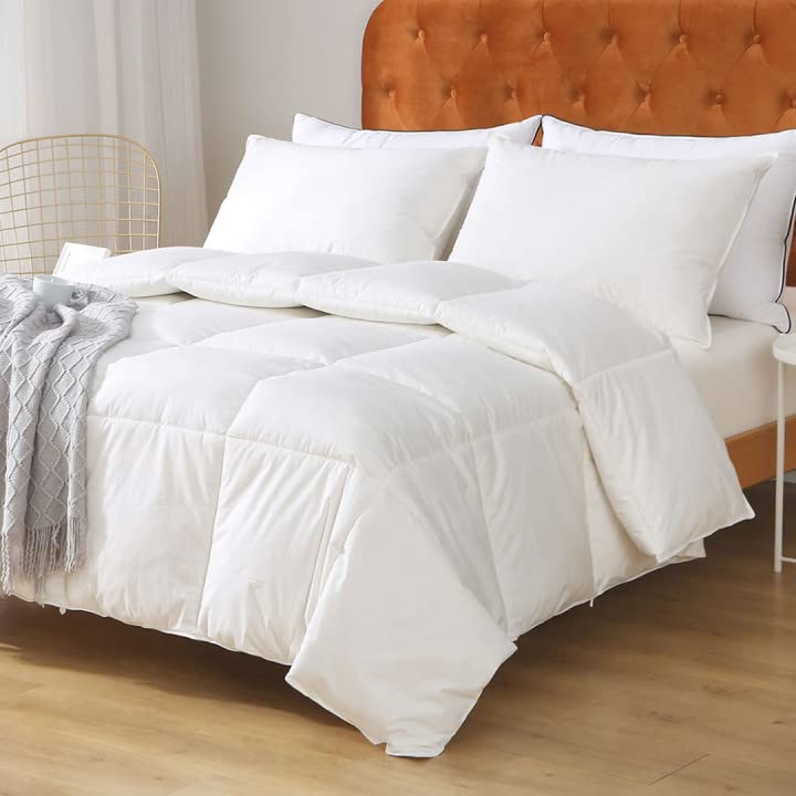 Oaken-Cat Feathers Down Comforter Queen - 100% Organic Cotton Cover, Medium Warm All Seasons Duvet Insert Or Stand-Alone Comfort