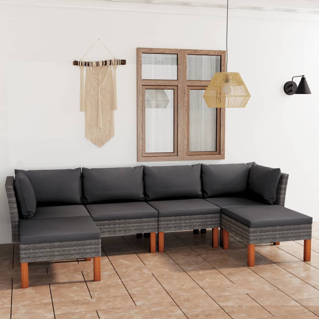 vidaXL 6-Piece Gray Patio Lounge Set - Poly Rattan Outdoor Seating with Cushions, Eucalyptus Wood Legs, Easy Assembly, Modern Farmhouse Design