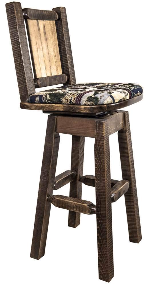 Montana Woodworks Homestead Collection Barstool with Back & Swivel, Upholstered Seat, Woodland Pattern with Laser Engraved Pine Tree Design, Stained & Lacquered