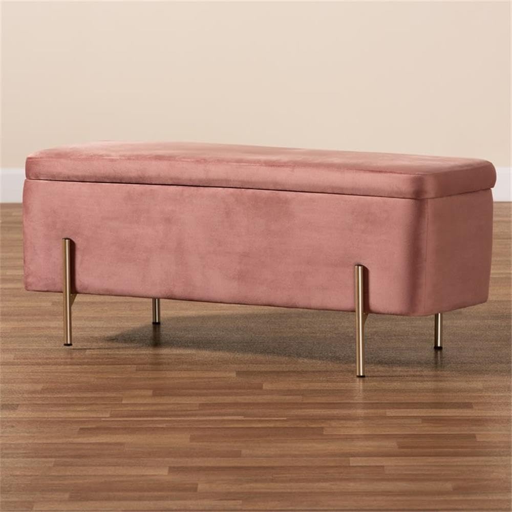 Baxton Studio Rockwell Contemporary Glam and Luxe Blush Pink Velvet Fabric Upholstered and Gold Finished Metal Storage Bench