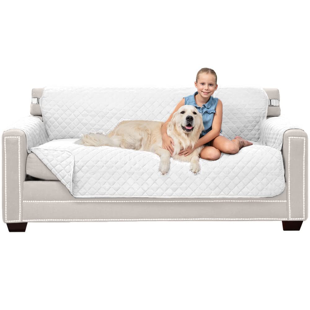 Sofa Shield Patented Couch Slip Cover, Large Cushion Protector, Reversible Stain And Dog Tear Resistant Slipcover, Quilted Microfiber 70” Seat, Washable Covers For Dogs Pets Kids, White