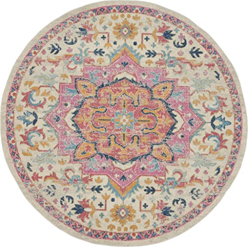 HomeRoots Ivory/Pink Polypropylene 8’ Round Ivory and Pink Medallion Area Rug