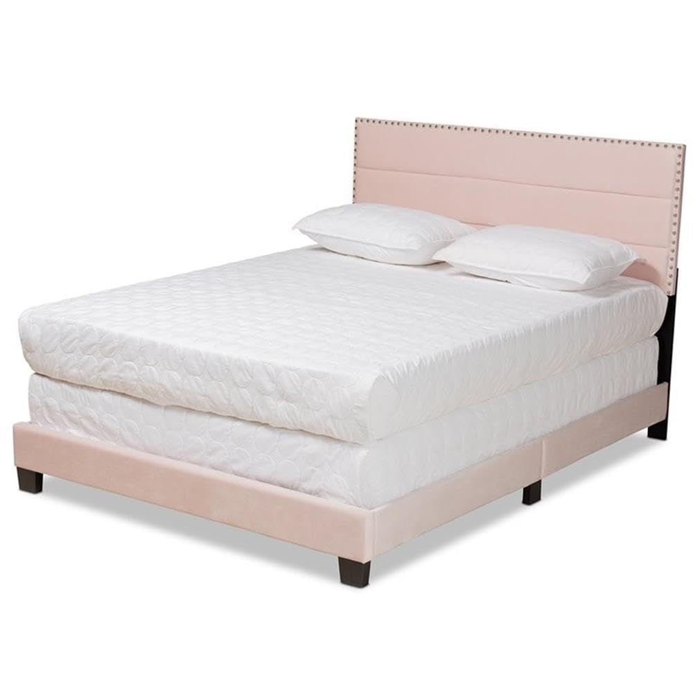 Baxton Studio Tamira Modern and Contemporary Glam Light Pink Velvet Fabric Upholstered Full Size Panel Bed