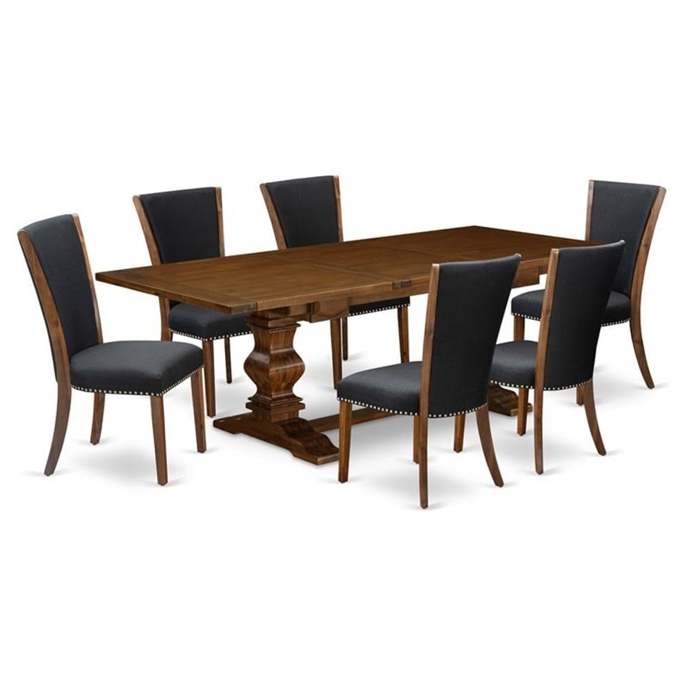 East West Furniture Lave7-88-24 7 Piece Dining Room Set Consist Of A Rectangle Wooden Table With Removable Leaf And 6 Black Color Linen Fabric Parson Dining Chairs, 42X92 Inch, Walnut