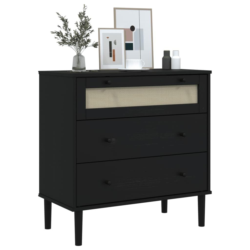 vidaXL SENJA Drawer Cabinet Black - Solid Pine Wood Construction, UV Varnished Finish, Three Drawers, Handcrafted Poly Rattan Top Drawer, Sturdy Top for Decorations