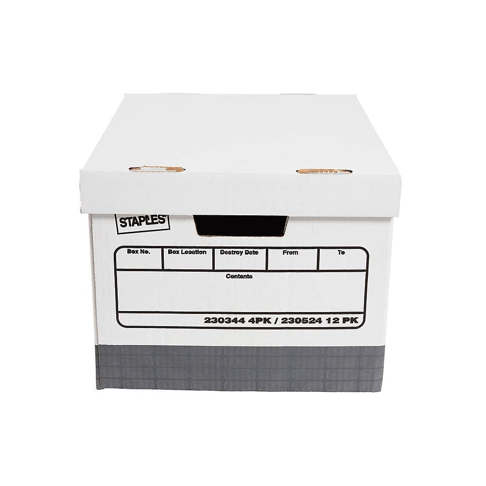 Staples Heavy-Duty Storage Boxes, Top Tab, Stacking Strength 850 Lb, White/Gray, 9 3/4'H X 12'W X 15'D, 4/Ct