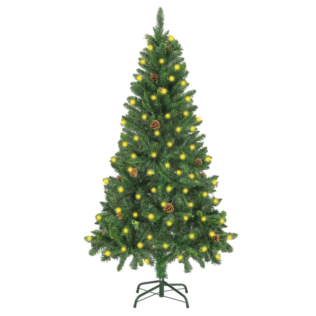 Vidaxl Artificial Pre-Lit Christmas Tree - Lifelike Pine Aesthetic With 150 Led Lights And Pine Cones, Pvc And Iron Construction, 59.1&quot; Height, Green