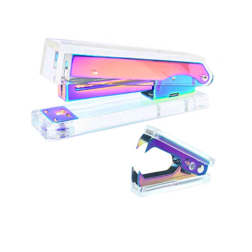 Office Stapler Staples Remover Set, Clear Acrylic Metallic Rainbow Tone Desk Executive Manual Staplers And Staple Remover Tool F