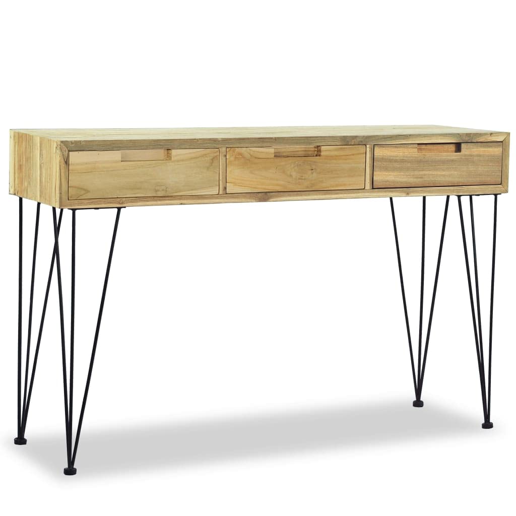 vidaXL Console Table 47.2"x13.8"x29.9", Recycled Solid Teak Console Table with 3 Drawers, Rectangular Table with Wrought Iron Legs, Easy Assembly, Brown
