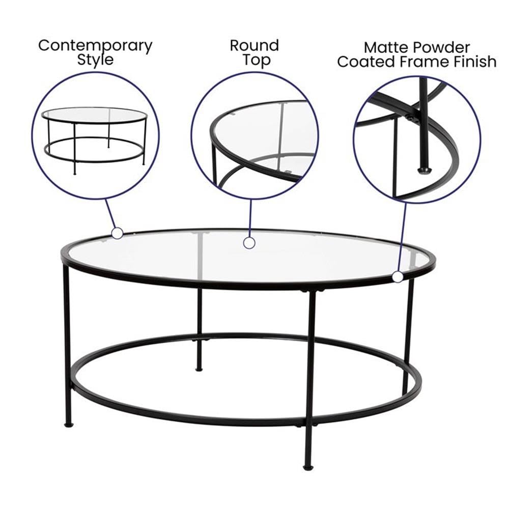 Flash Furniture Living Room Coffee Table, 35.25'-19.5' Dx35.25-19.5' Wx21.5-15.25' H, Clear/Matte Black