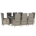 vidaXL 9-Piece Garden Lounge Set with Reclinable Chairs and Cushions - Gray Poly Rattan Dining Set with Steel Frame and Tempered Glass Tabletop