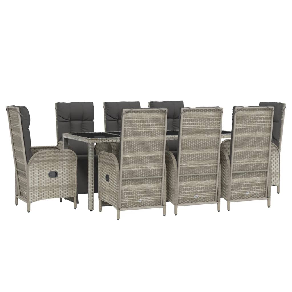 vidaXL 9-Piece Garden Lounge Set with Reclinable Chairs and Cushions - Gray Poly Rattan Dining Set with Steel Frame and Tempered Glass Tabletop
