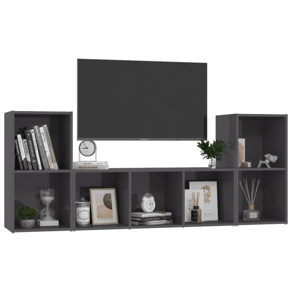 vidaXL TV Stand Set 3 Piece, TV Stand for Living Room, Sideboard with Storage, Media Unit Cupboard, Modern, High Gloss Gray Engineered Wood