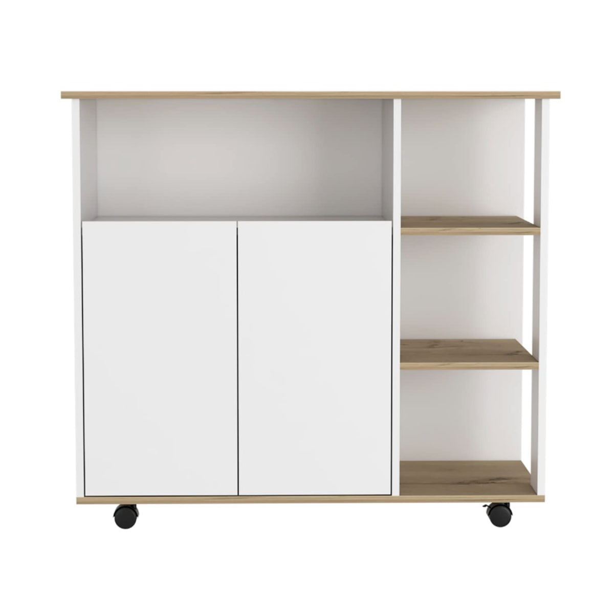 DEPOT E-SHOP Kitchen Cart 35&quot; H, 4 Open Shelves, Double Door Cabinet, 4 Casters - Light Oak/White