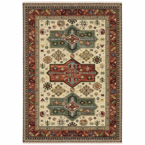 HomeRoots 509266 8 x 11 ft. Brick Red Orange Rust Beige Gold Pale Blue Olive Navy & Black Oriental Power Loom Stain Resistant Rectangle Area Rug with Fringe, Rectangular
