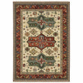 HomeRoots 509266 8 x 11 ft. Brick Red Orange Rust Beige Gold Pale Blue Olive Navy & Black Oriental Power Loom Stain Resistant Rectangle Area Rug with Fringe, Rectangular